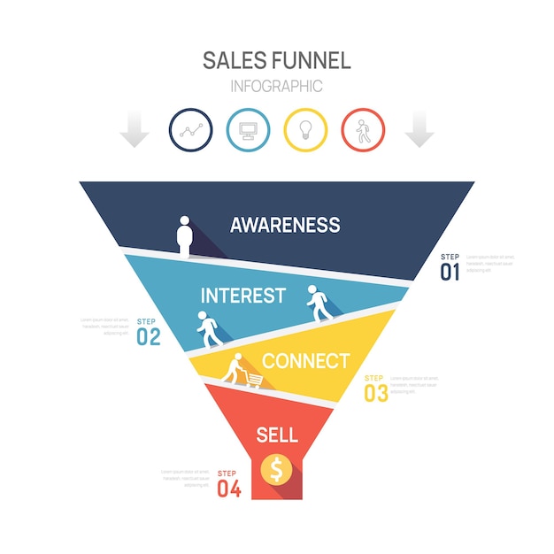 Шаблон инфографической диаграммы воронки продаж для бизнеса6 ступенчатых стрелок, маркетинга и стартап-бизнес-векторной инфографики