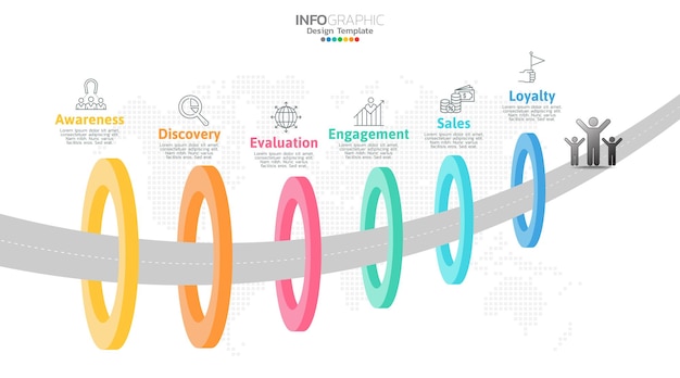 Sales funnel infographic template with 6 steps for marketing and startup business