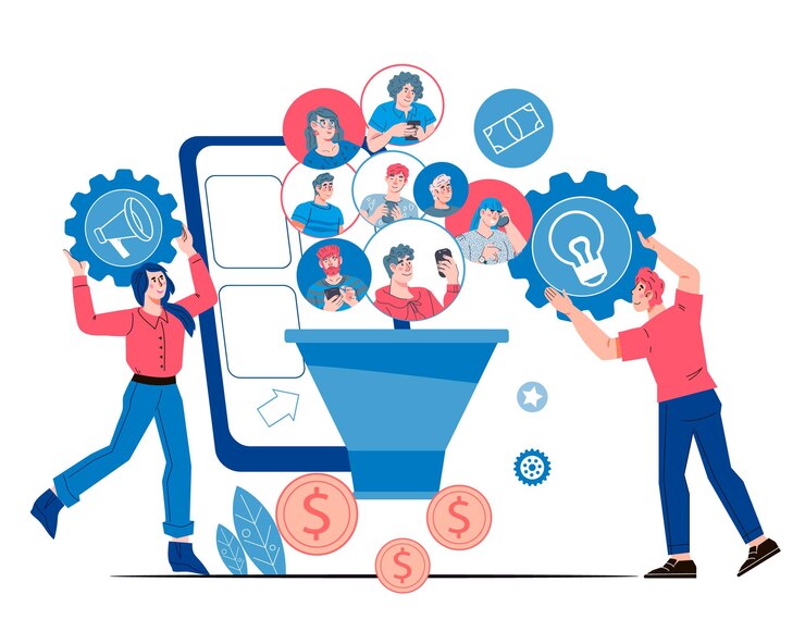 Vector sales funnel and smm management work smm team increasing conversion rates