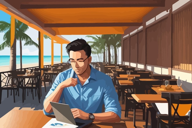 sales man working on laptop at restaurant illustration