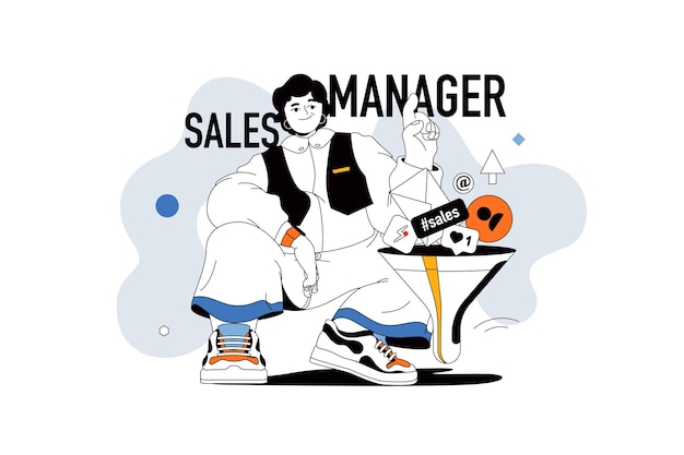 Sales manager concept with people scene in flat line design for web Man uses marketing tools for increase profit and online promotion Vector illustration for social media banner marketing material