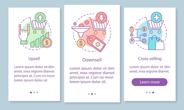 Sales onboarding mobile app page screen with linear concepts. Upsell, downsell walkthrough steps graphic instructions. Cross-selling. Income increasing. UX, UI, GUI vector template with illustrations