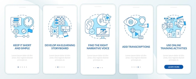 Video di formazione online per le vendite schermata dell'app mobile di onboarding blu