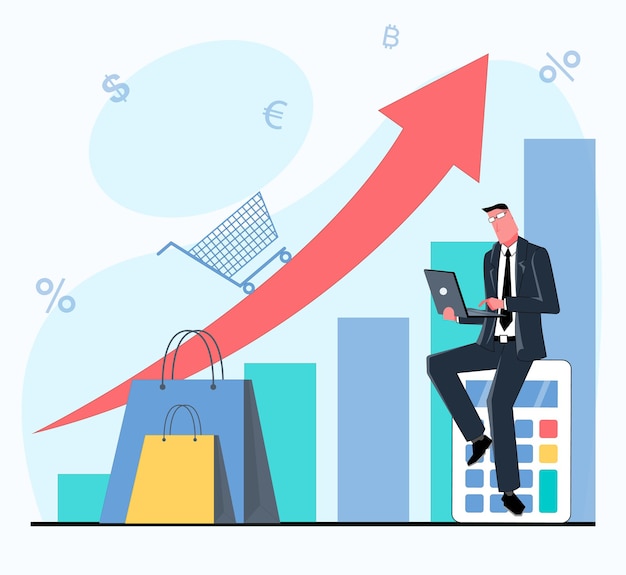 Vector sales performance a businessman sits on a calculator in the background is a graph with an arrow