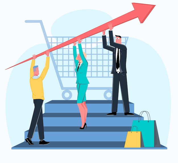 Vector sales performance businessmen and businesswomen stand on the steps and hold up an arrow