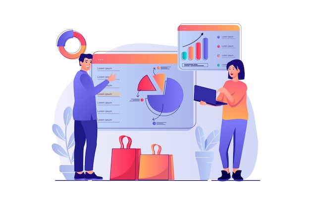 Sales performance concept with people scene woman and man analyzes financial data makes presentation with business statistics and profit vector illustration with characters in flat design for web