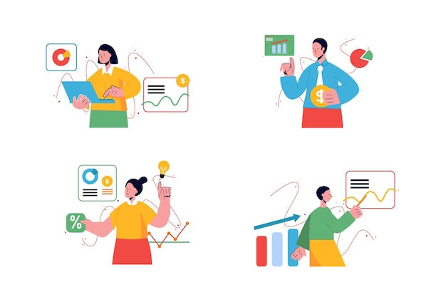 Sales performance set concept with people scene in the flat cartoon design Employees work