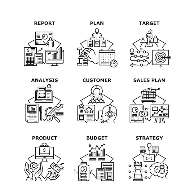 Piani di vendita business set icone illustrazioni vettoriali