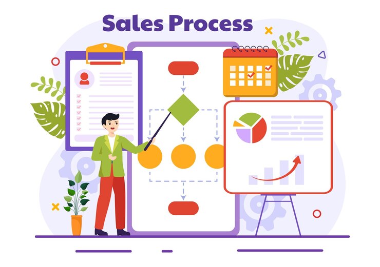Vector sales process illustration with step of communication for attracting new customers and making profit