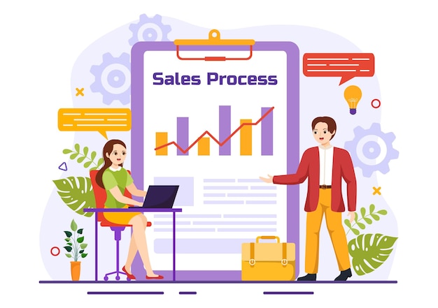 Vector sales process illustration with step of communication for attracting new customers and making profit