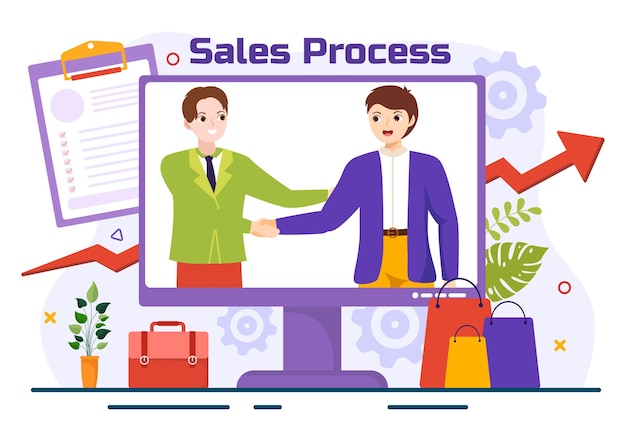 Vettore illustrazione del processo di vendita con passaggi di comunicazione per attirare nuovi clienti e realizzare profitti