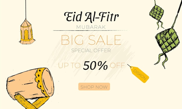 손으로 그린 디자인의 Eid Alfitr 판매 프로모션