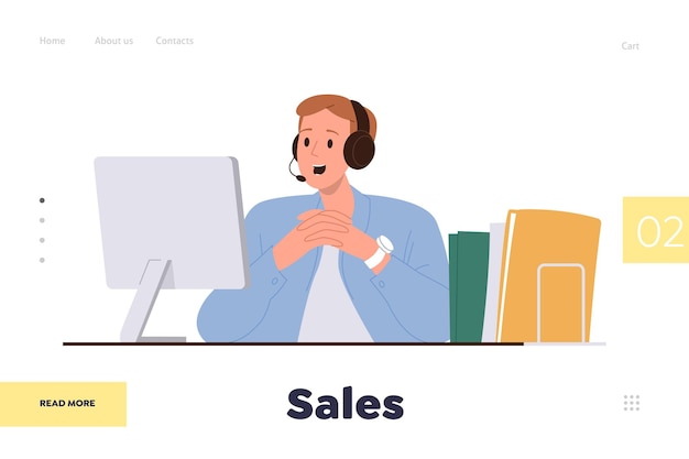 Sales service landing page design template met helpline man operator cartoon personage die communiceert met de klant Website layout vector illustratie voor telemarketing bedrijf of handelsbedrijf
