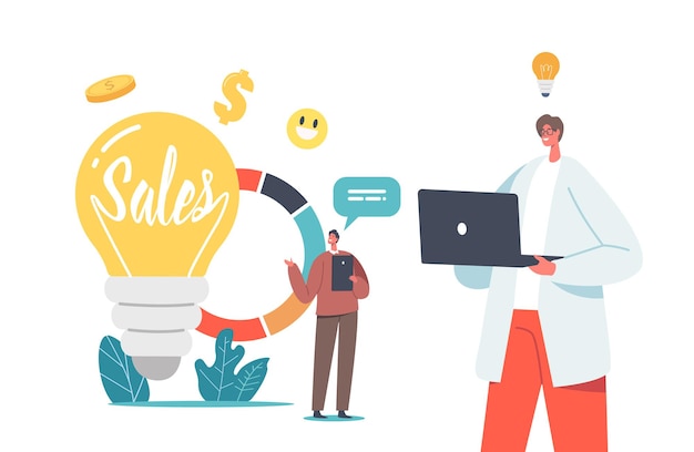 Sales strategies and business idea concept with tiny businessmen characters with gadgets at huge light bulb and pie chart with statistics or analytics information. cartoon people vector illustration