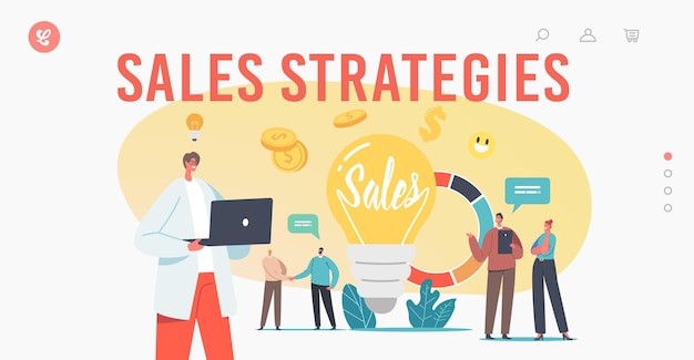 Sales strategies landing page template. tiny businessmen and businesswomen characters at huge light bulb and pie chart with statistics or analytics information. cartoon people vector illustration