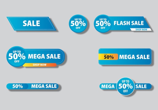 Тег продаж современный баннер со скидкой в синем различных формах премиум вектор