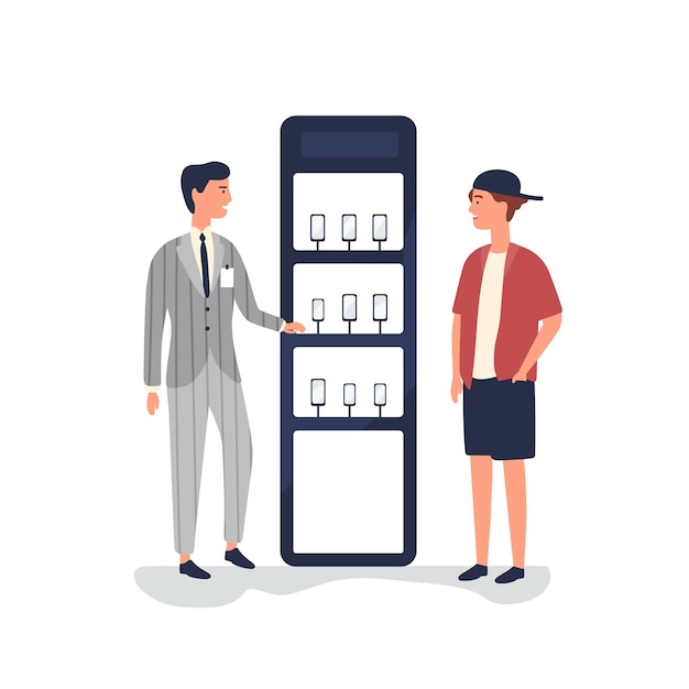 Salesman advertising smartphones flat illustration