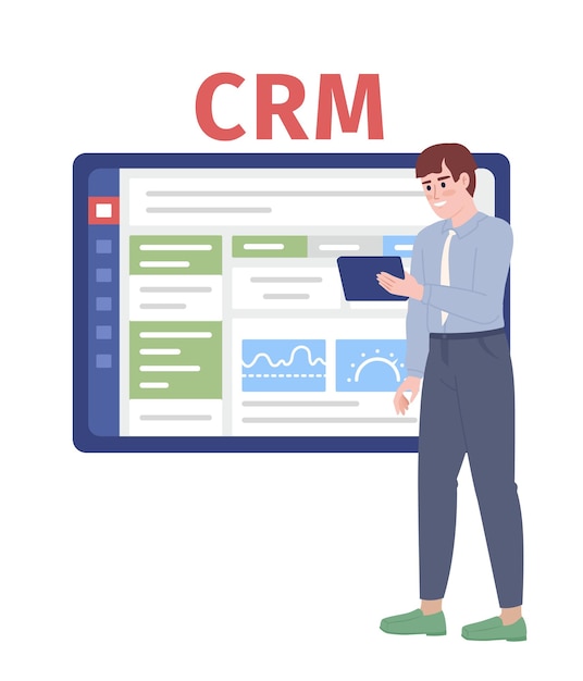 Продавец измеряет эффективность crm плоской концептуальной векторной точечной иллюстрацией