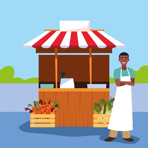 Vector salesman with stall kiosk of store vegetables