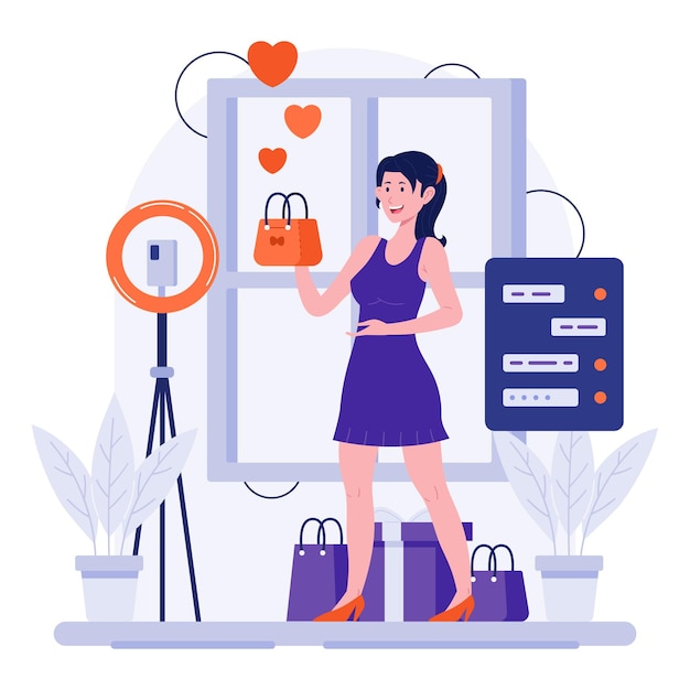 Vector saleswoman promote product on live shopping illustration