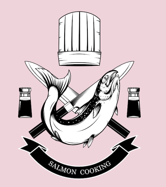 Salmon cooking logos vector by hand drawing