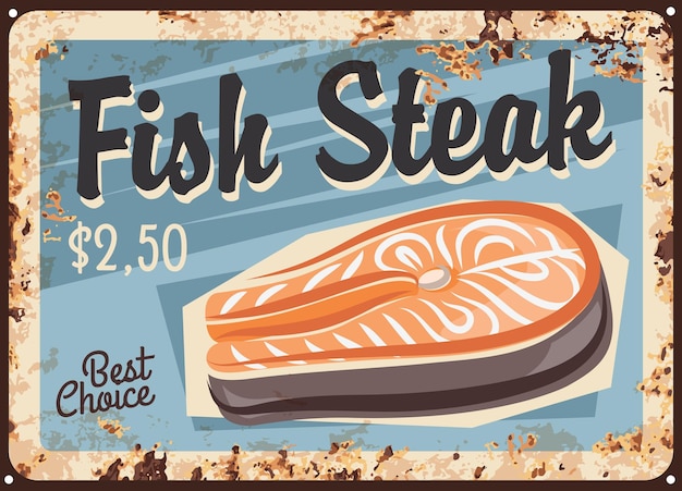 Vector salmon fish steak fillet rusty plate seafood