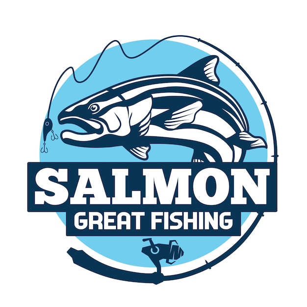 Векторный дизайн логотипа ловли лосося с удочкой и крючком
