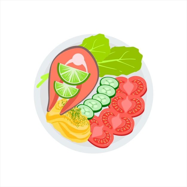 Salmon Grilled Steak And Side Of Fresh Vegetables Mashed Potatoes Vector Illustration Food Cooked On Grill Cafe Menu Dish