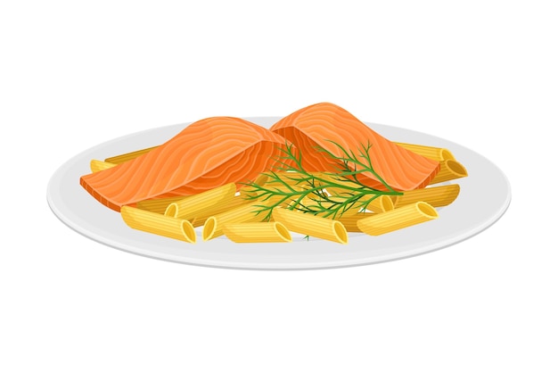 Кусок лосося с макаронными изделиями и укропом, подаваемый на тарелке