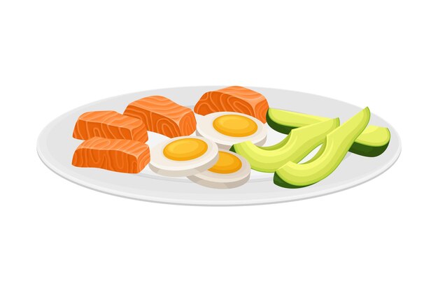 Vettore pezzi di salmone serviti con avocado e uova bollite su piatto illustrazione vettoriale