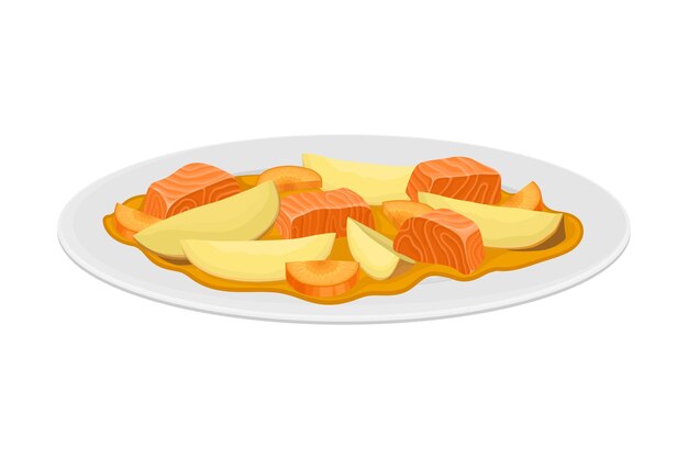 Salmon pieces with vegetable gravy served on plate vector illustration