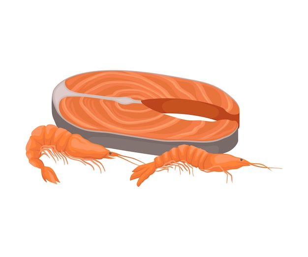 Salmon and Prawns Vector Isolated on White Background Food Items
