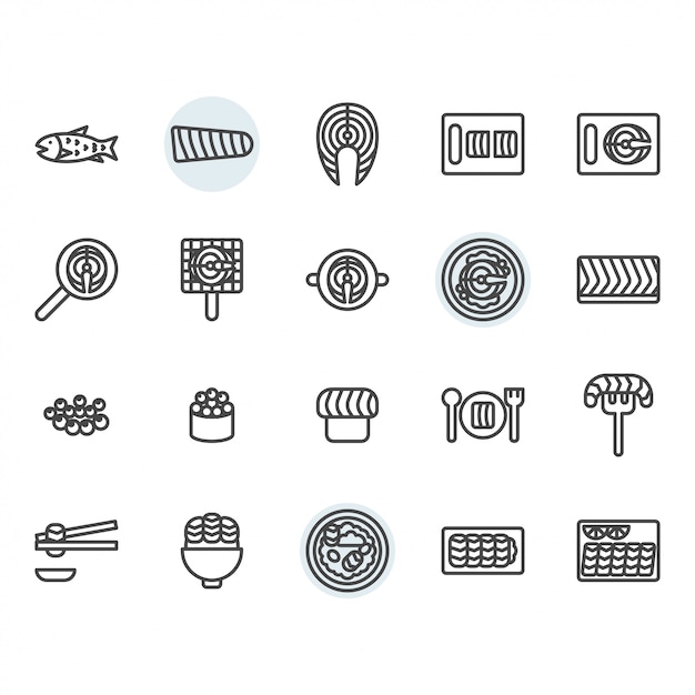 Salmon related thin line icon set