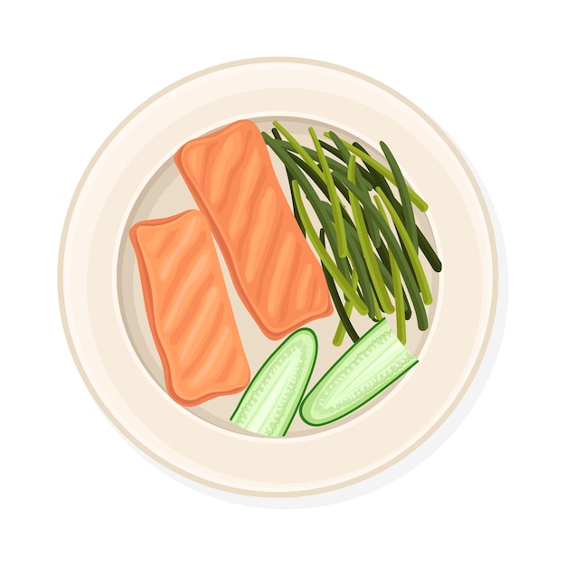 Вектор Сложки лосося с зелеными бобами, подаваемые на тарелке