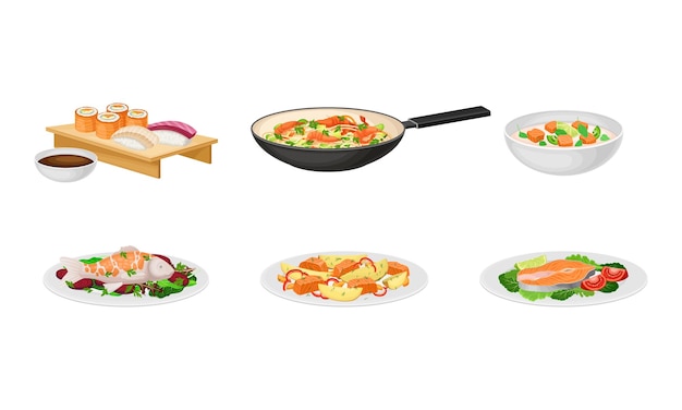 salmon soup and noodles with shrimps in frying pan as seafood dishes vector set