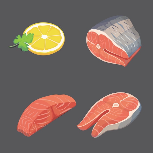 Стейк из лосося и лимон. свежие органические морепродукты. иллюстрация.