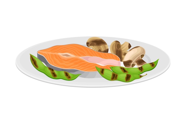 Vector salmon steak rested on plate with grilled vegetables vector illustration