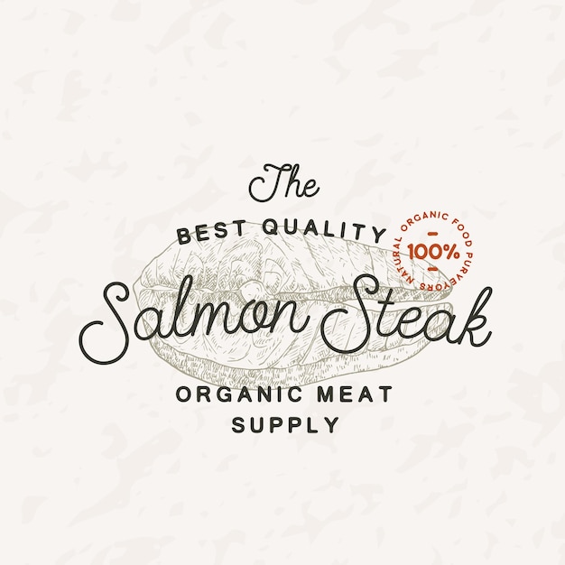 Vector salmon steak vintage vector label logo template engraving fish fillet retro food drawing emblem