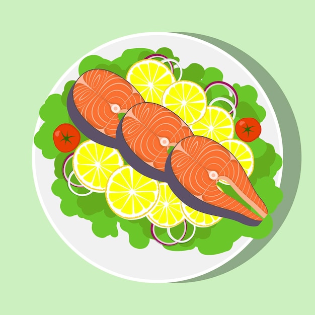Vector salmon steak with with lemon herbs tomato onion on white plate top view vector flat illustration