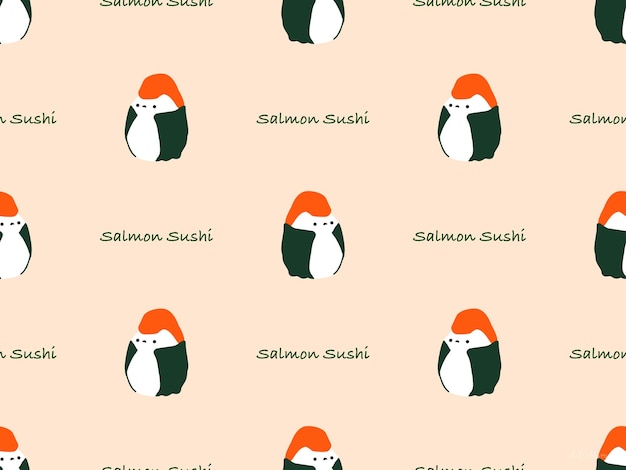 Salmon Sushi cartoon character seamless pattern on cream background