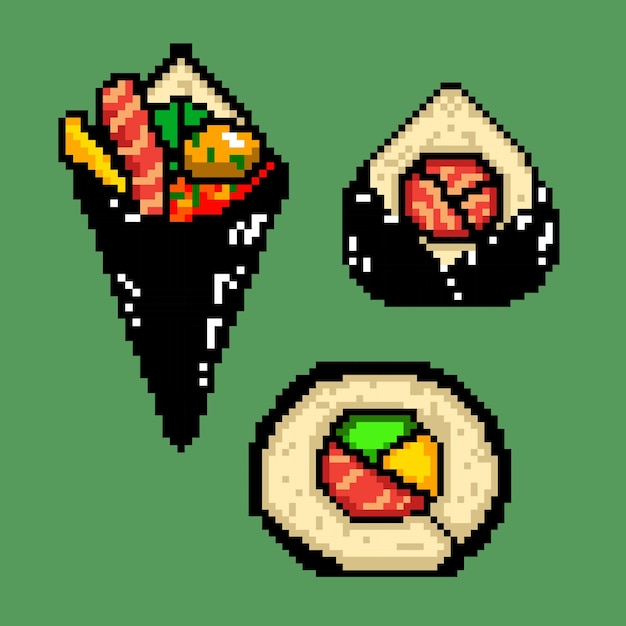 Vettore sushi di salmone set 3 in stile pixel art