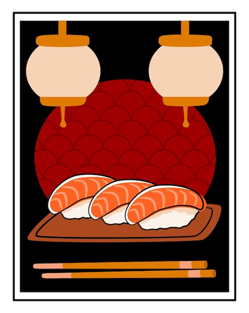 Salmon sushi set on a wooden plate with chopsticks. Nigiri rolls with retro  dark background.