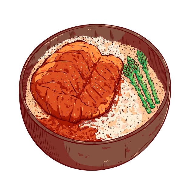 ご飯とアスパラのイラストが入ったサーモンの照り焼き。アジア料理手描き