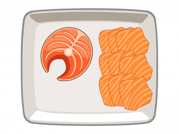 Salmon vector sliced ââand sliced ââin a plate on a white background.