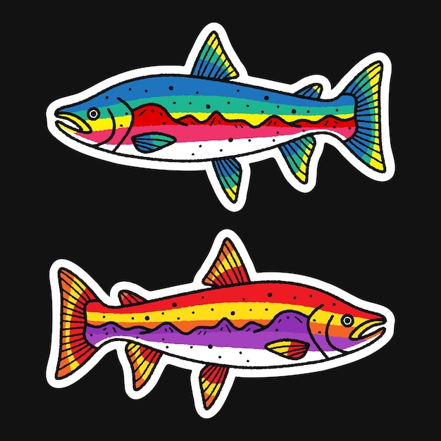 Vector salmon vis stickers met de hand getekende stijl vector illustratie