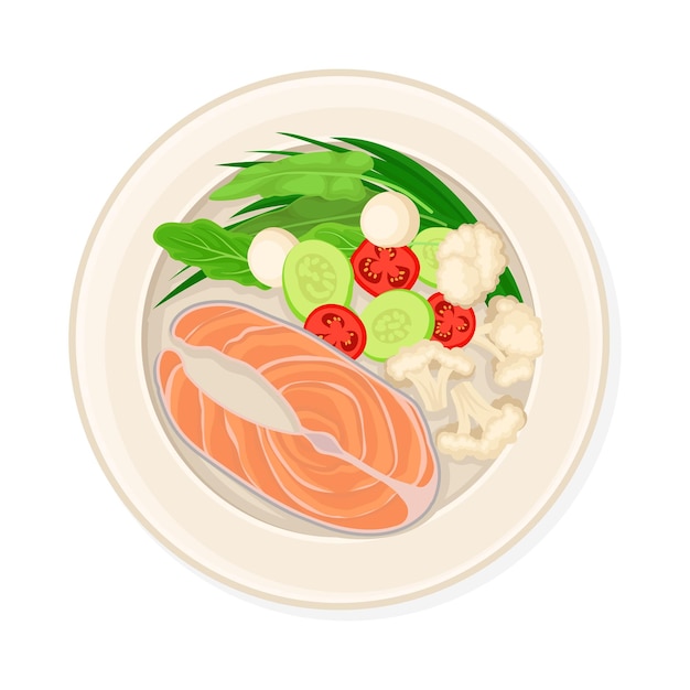 salmon with vegetables served on plate top viewed vector illustration seafood course concept