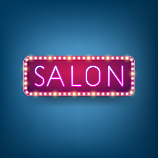 Salon, Billboard with neon lighting text, Retro light bulb frame.