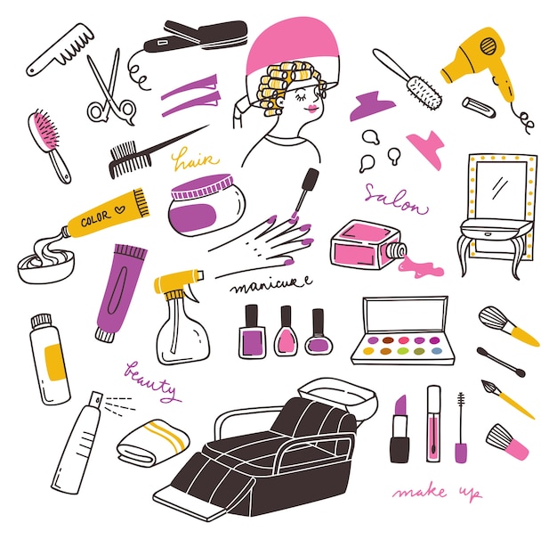 Salon en schoonheidsproduct doodle set