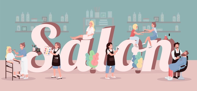 Salon word concepts  color  banner. Spa center treatment. Hair coloring. Applying make up.  typography with tiny cartoon characters. Beauty parlor creative illustration on green