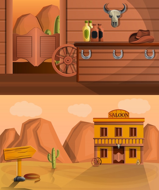 Saloon banner set, cartoon stijl